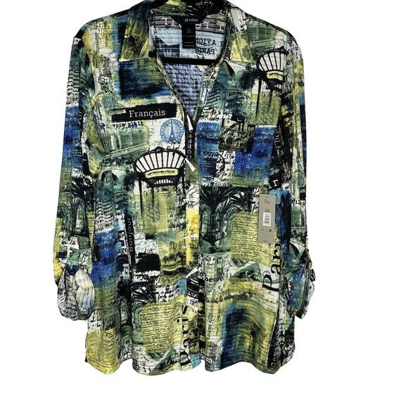NWT ALI MILES Tunic Blouse Button Paris Roll Tab Long Sleeve Womens L Green Blue - Picture 1 of 13